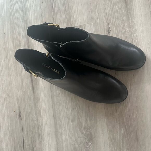 Cole Haan Black Heeled Boots with Gold Buckle - Picture 5 of 6